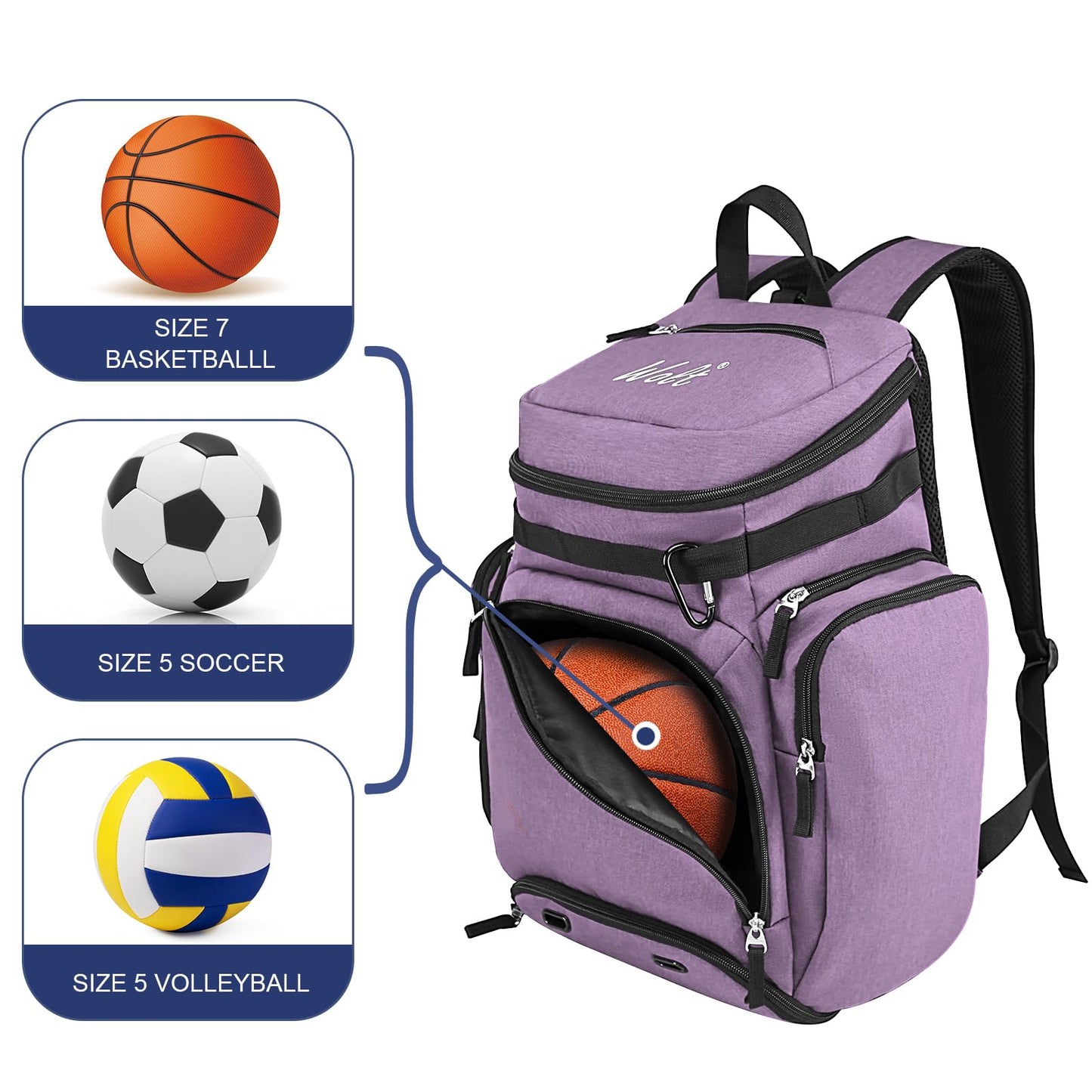 WOLT Basketball Backpack, Large Sports Bag with Separate Ball Compartment and Shoes Pocket for Basketball, Soccer, Rugby, Volleyball, Baseball