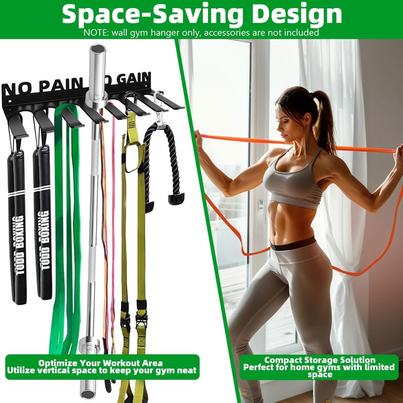 Home Gym Accessories Organization Storage Rack Equipment For Home 8 Hook Wall Hanger Display Gear Barbells Resistance Bands Jump Ropes Lifting Belt Hanger Accessories Hardware Included NO PAIN NO GAIN