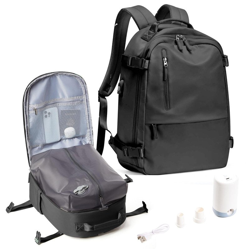 SEAFEW Black Vacuum Travel Backpack with Electric Pump, Carry on Backpack Flight Approved for Women, Casual Daypacks Cabin Bagage, Hiking Backpack Lightweight Rucksack with USB Charger
