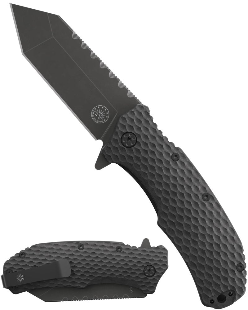 Off-Grid Knives - Rapid Fire Viper, Assisted Tanto Blade, Hard Use Build, Tactical, Camping & Survival EDC, Cryo D2 Steel, Blackwash, G10 Scales, Deep Pocket Carry (Blackout)