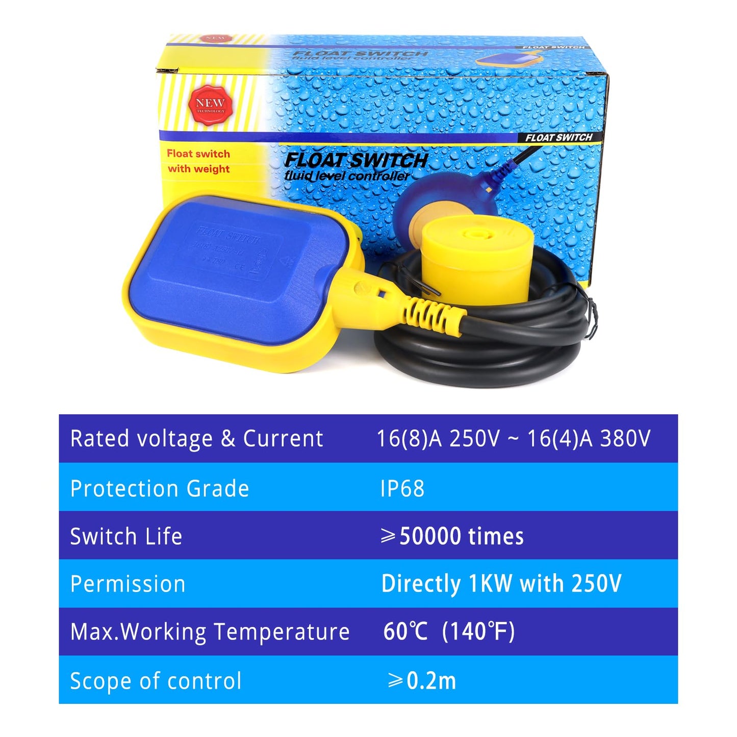 6.56Feet Cable Waterproof Float Switch for Water Tank, 2M Float Switch Water Level Controller for Sump Pump (6.56ft(2M))