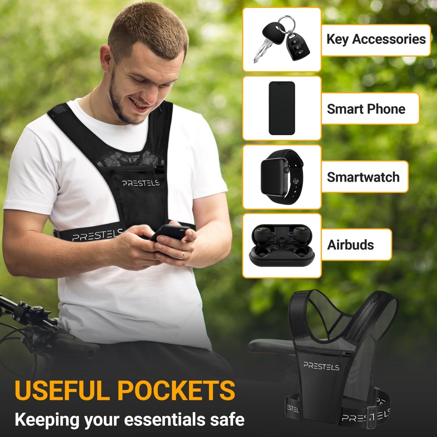 PRESTELS Running Vest Phone Holder for Men & Women, Reflective Running Chest Pack, Adjustable Breathable Vest with Multiple Pockets for Phone, Water Bottle, Keys & Essentials