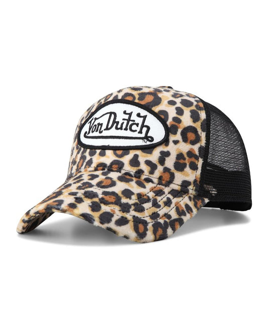 Von Dutch Unisex Trucker Hat - Velvet Curved Bill Mesh Back Retro Classic Adjustable Snapback Baseball Cap for Men and Women, Size One Size, Natural Leopard
