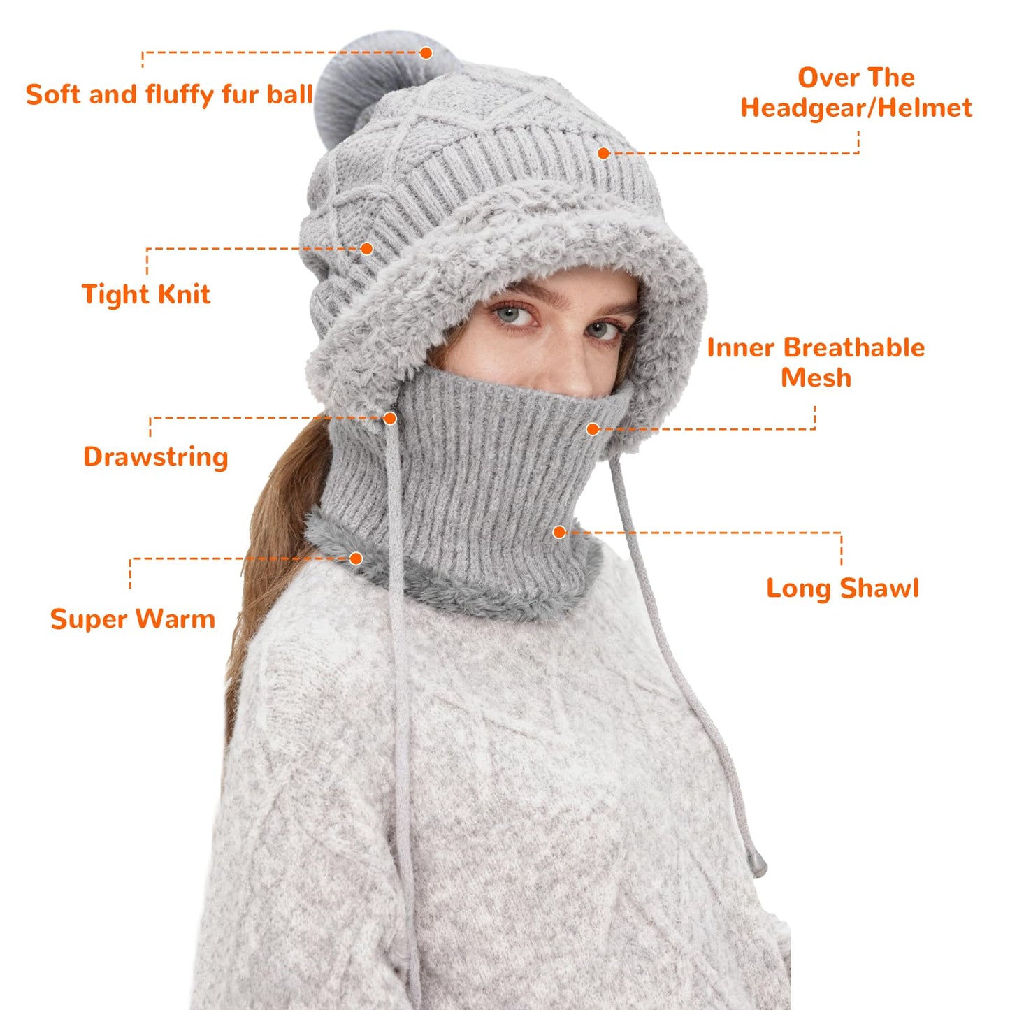 3 in 1 Beanie Hat with Scarf and Mask, Women's Outdoors Windproof Scarf Hat, Knitted Ski Mask Set (Grey)