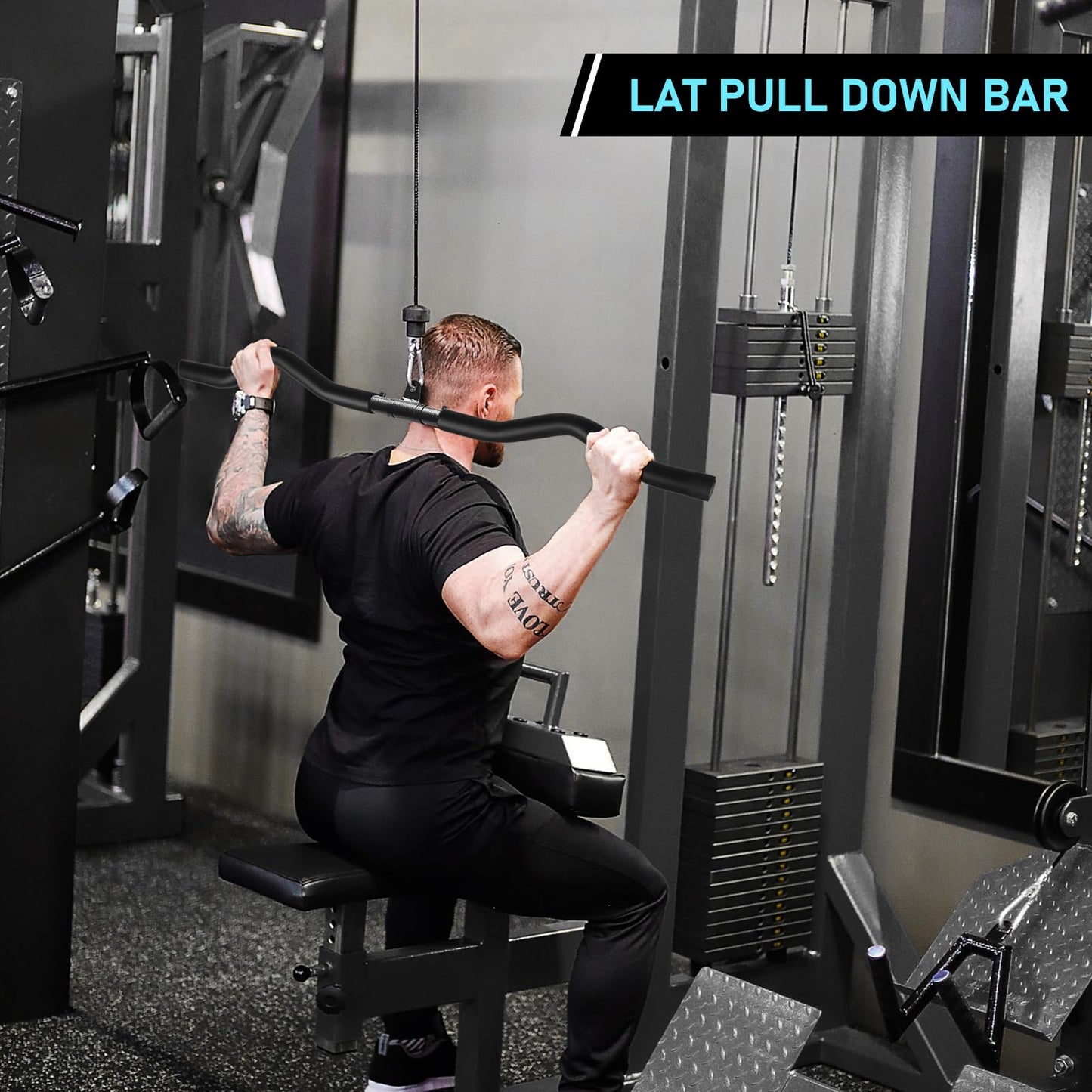 LAT Pull Down Bar, Detachable LAT Pulldown Attachment with Swivel Joint Wide Grip LAT Pulldown Bar for Cable Machine Home Gym Accessories, Muscle Training (33in Curved)