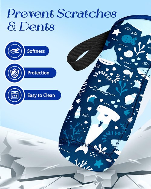 Toykee Water Bottle Sleeve for Cirkul 32 oz - 2 Pack Bottle Cover Holder Carrier with Handle Strap Navy Blue Shark Ocean Marine Print for Kids