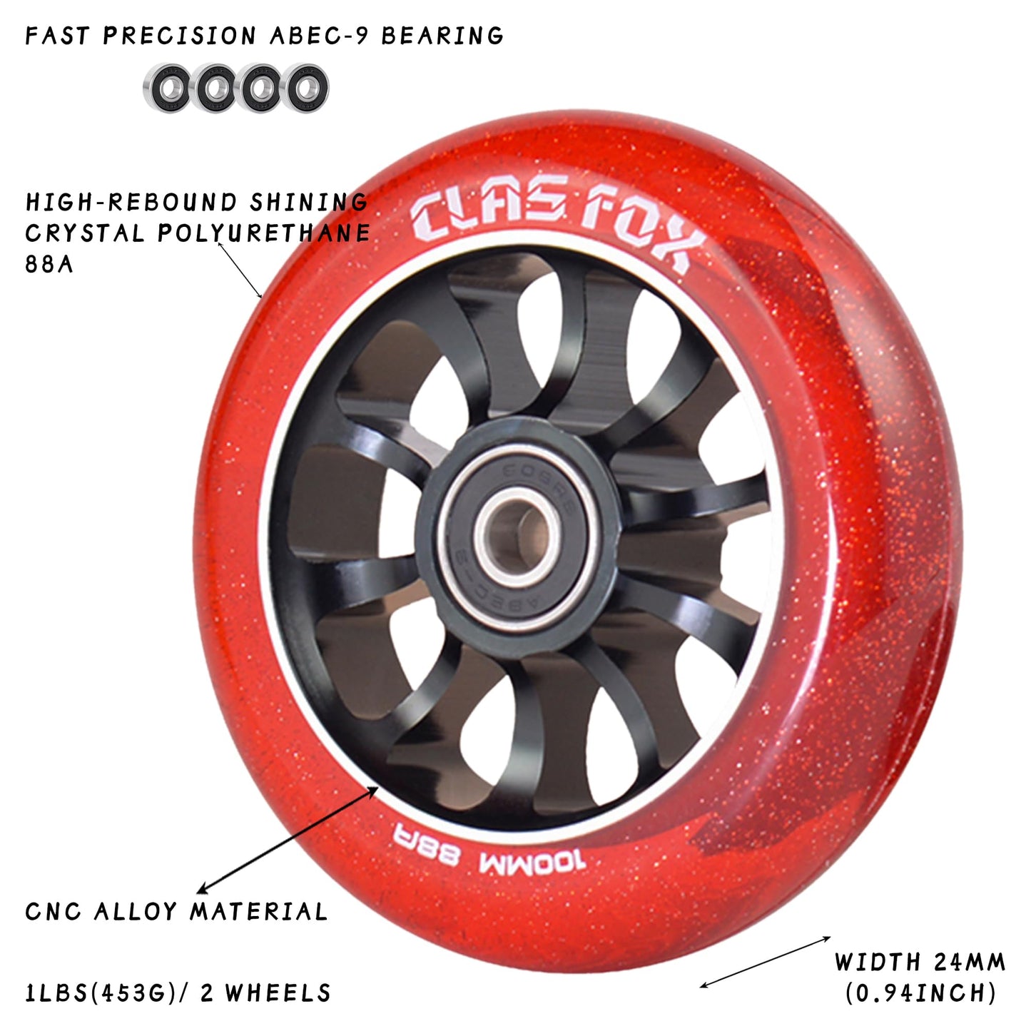 CLAS FOX Pro Scooter Wheels 100mm Transparent Sparkle PU with ABEC-9 Bearings CNC Metal Core (2pcs) (Red)