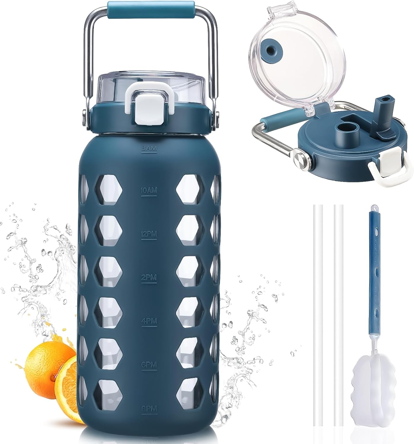 MUKOKO 64oz Glass Water Bottle - Half Gallon with Straw, Time Marker & Silicone Sleeve | Blue