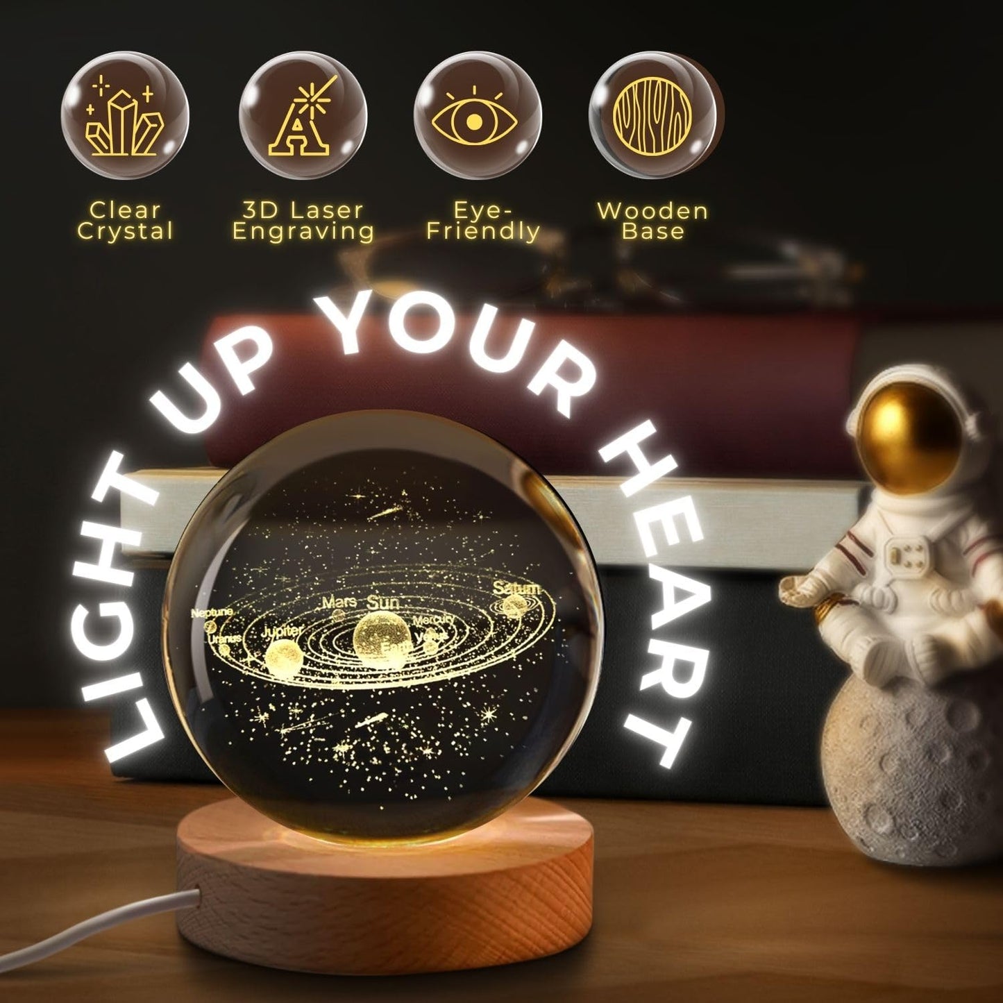 Flexzion 3D Solar System Crystal Ball Night Light - LED Light Hologram Glass Lamp with Solid Wood Base, USB Powered Crystal Ball Lamp w/Adjustable Brightness for Home Decor Display Gift,2.4inch(60mm)