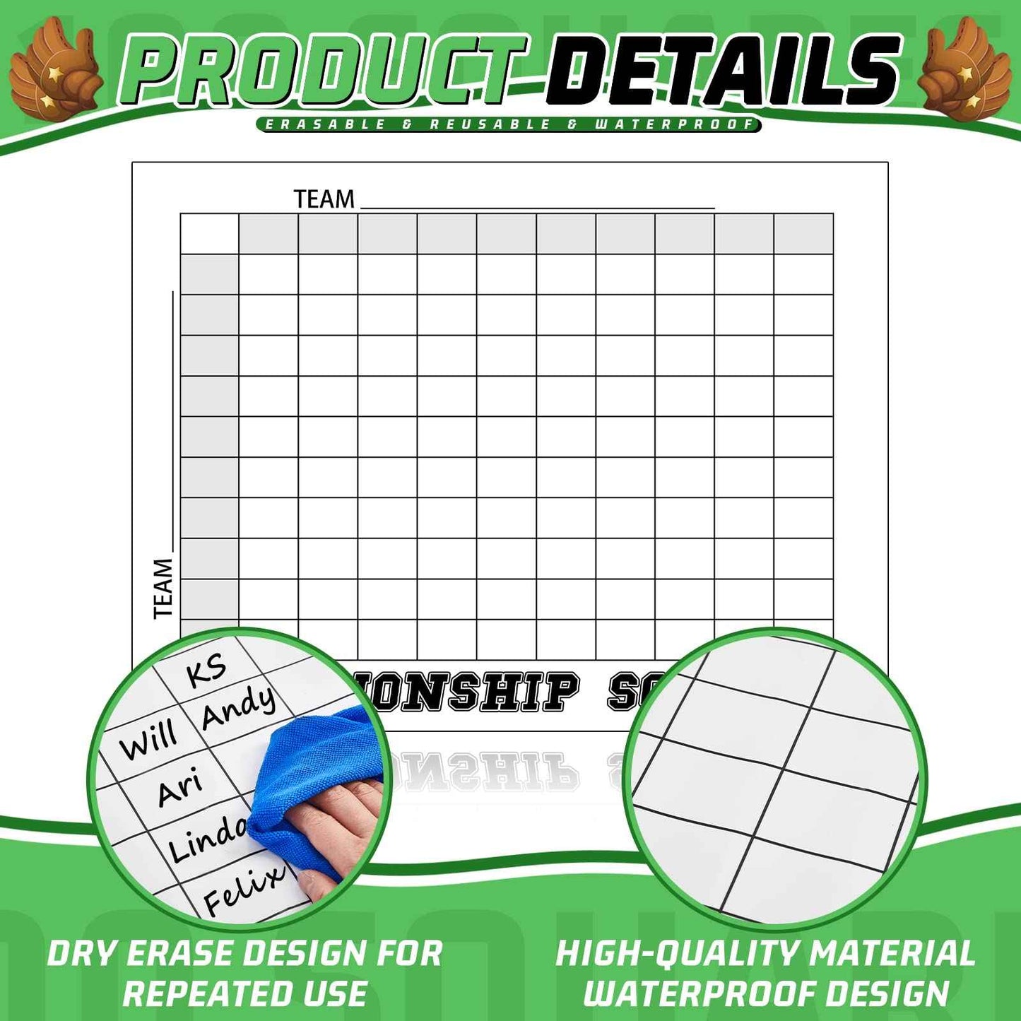 100 Football Squares Board Dry Erase Office Pool Game Set - 24 x 36 Inch Score Record Poster with Dry Erase Pen and Cleaning Cloth, Ideal for Sport Party Decorations