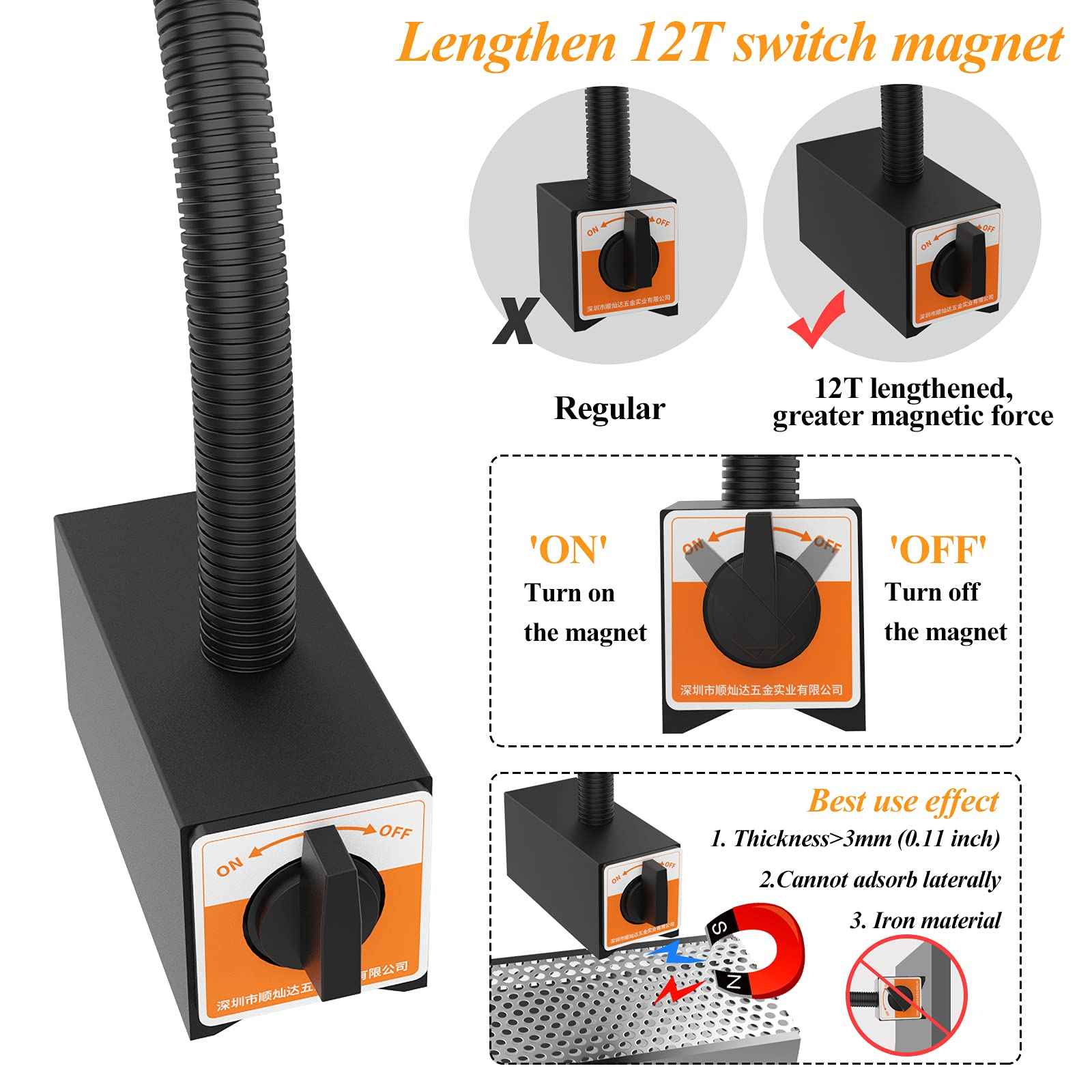12T Magnetic Work Light, IP65 Water Proof Led Machine Light, 23in Flexible Gooseneck lamp with Strong Magnetic Base for Lathe Milling Drill Press Industrial Lighting 120V