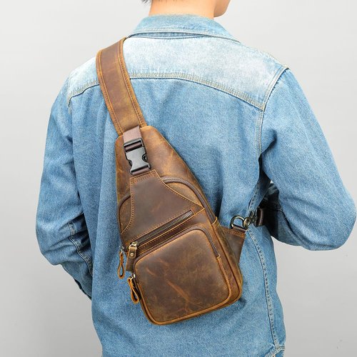 NIUCUNZH Genuine Leather Sling Bag Front Metal-Latch Crossbody Bags Handmade Vintage Chest Shoulder Backpack for Women Men Crazy Horse