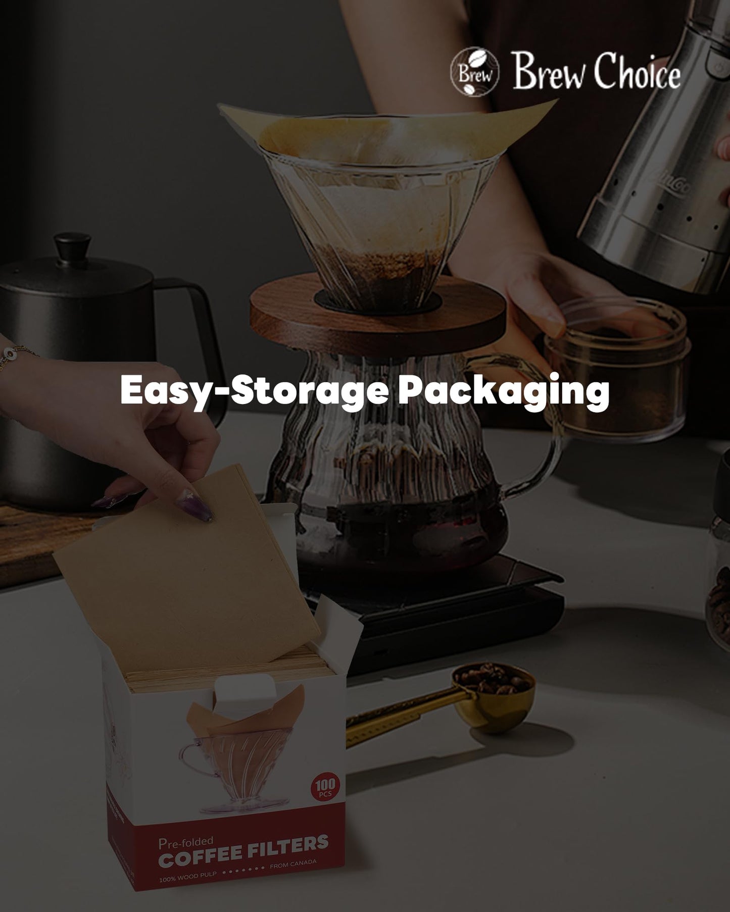 Brew Choice Pre-folded Unbleached Cone Coffee Filters, 100 Count Disposable Paper Filters Compatible with Hario V60 Size 02 Drippers, Bodum & 1-5 Cups Pour Over and Drip Coffee Makers