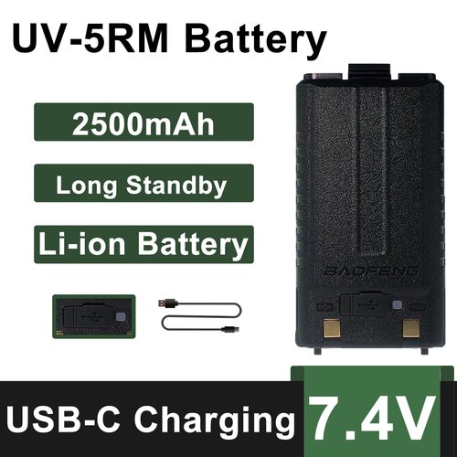 BAOFENG 2 Pack UV-5RM Battery 2500mAh Enlarge Capacity for UV-5RH Two Way Radio USB-C Charging 7.4V BL-5RH Li-ion Battery Replacement GM-5RH Walkie Talkie Accessories with Type-c Cable