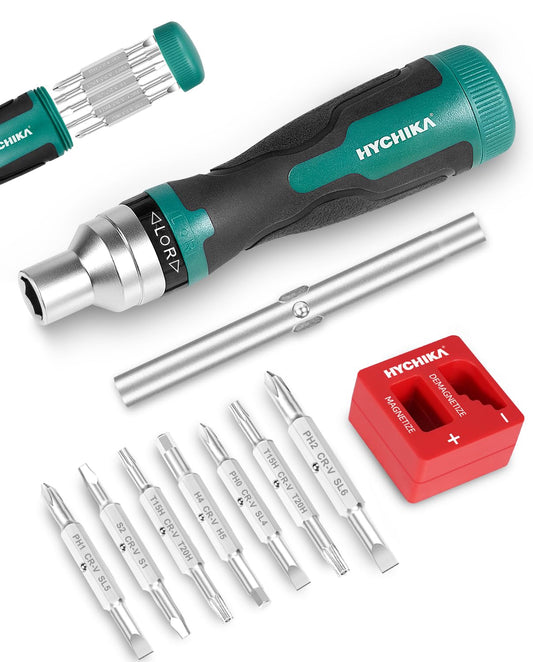 HYCHIKA Ratcheting Screwdriver 16-in-1, Magnetic Ratchet Screwdriver Set, Screw Driver Multi Bit All in One with Phillips, Slotted, Torx, Square, Hex bit and Double End Nut Driver