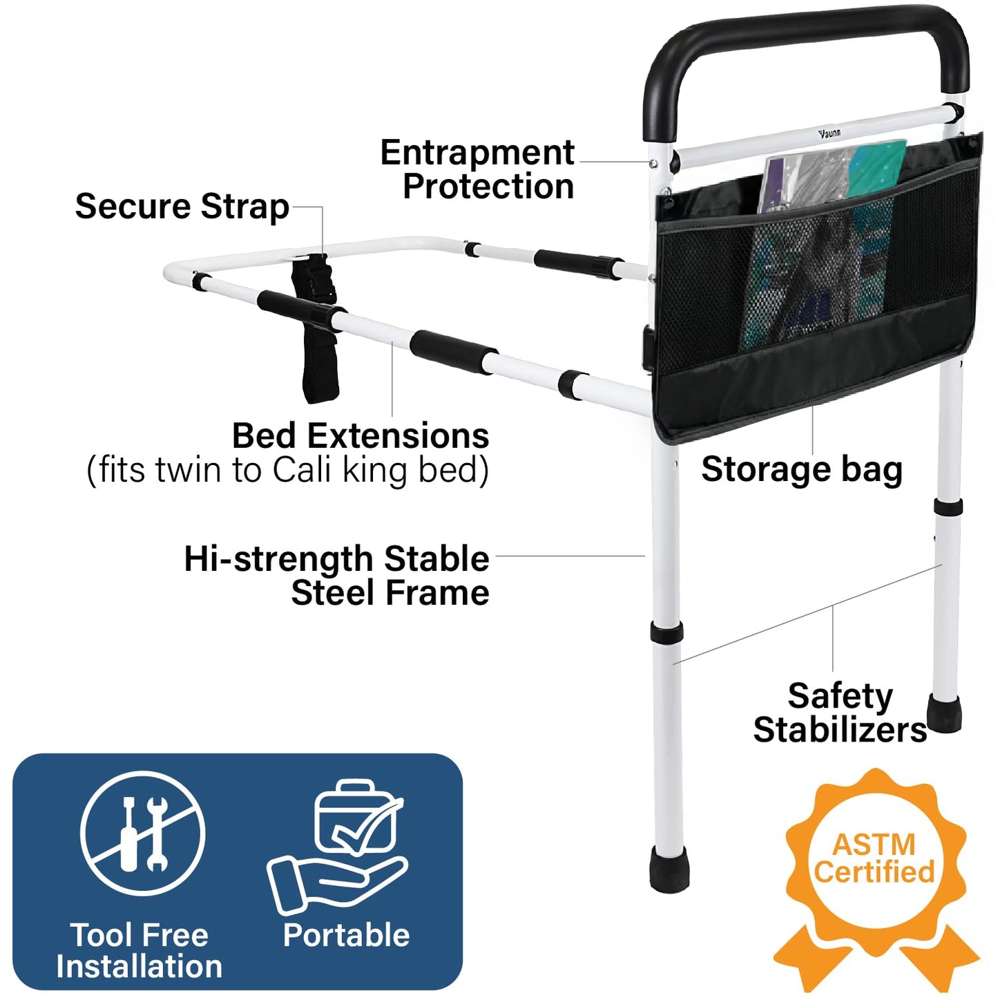 Vaunn Medical New Adjustable Bed Assist Rail Handle (Passed ASTM F3186–17 Safety Standard) and Hand Guard Grab Bar, Bedside Safety and Stability (Tool-Free Assembly)