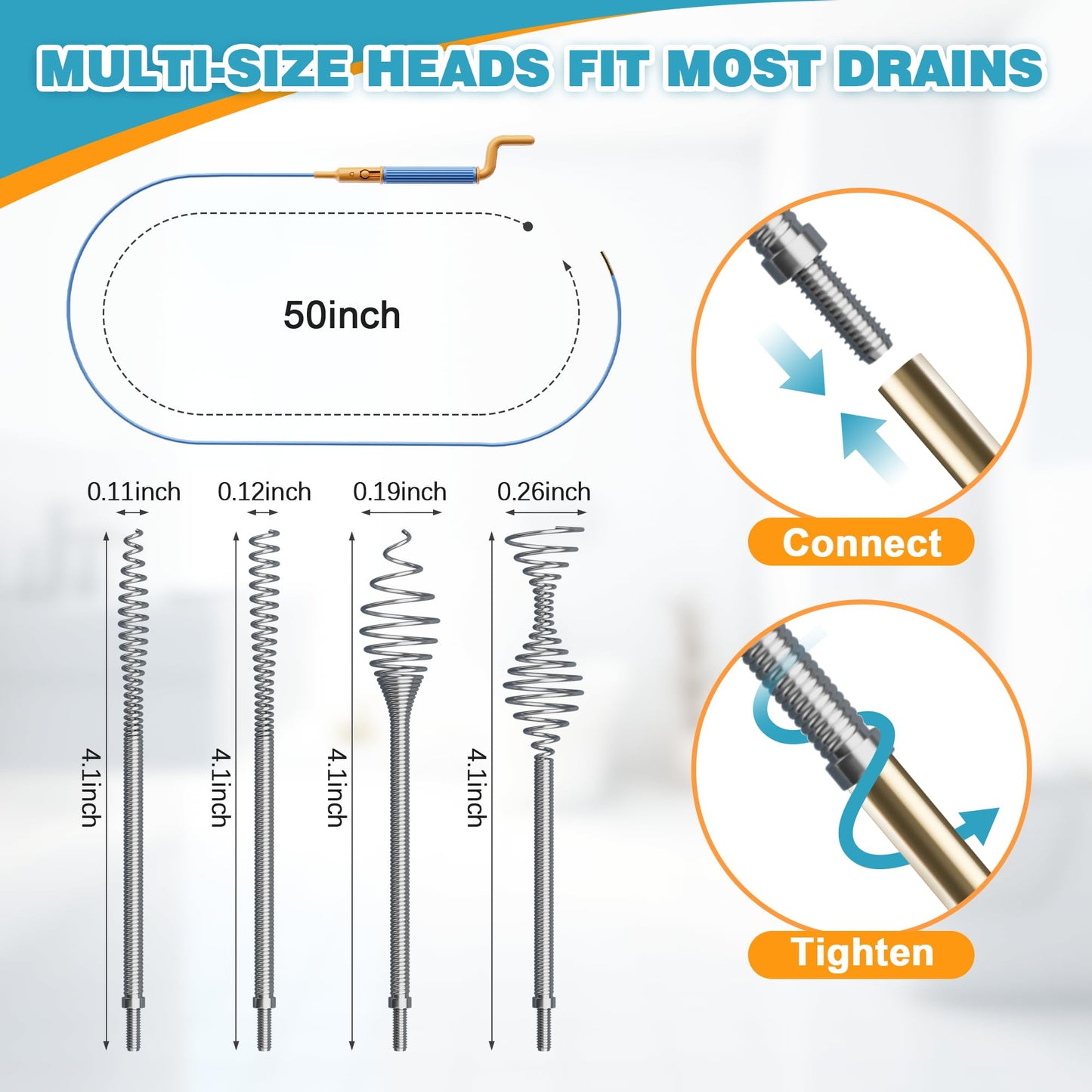 50 Inch Drain Snake Hair Drain Clog Remover, Replaceable & Reusable Sink Snake with 5 Spring Heads & Rotating Handle, Anti-break Steel Sink Drain Cleaner for Bathroom, Shower, Bathtub