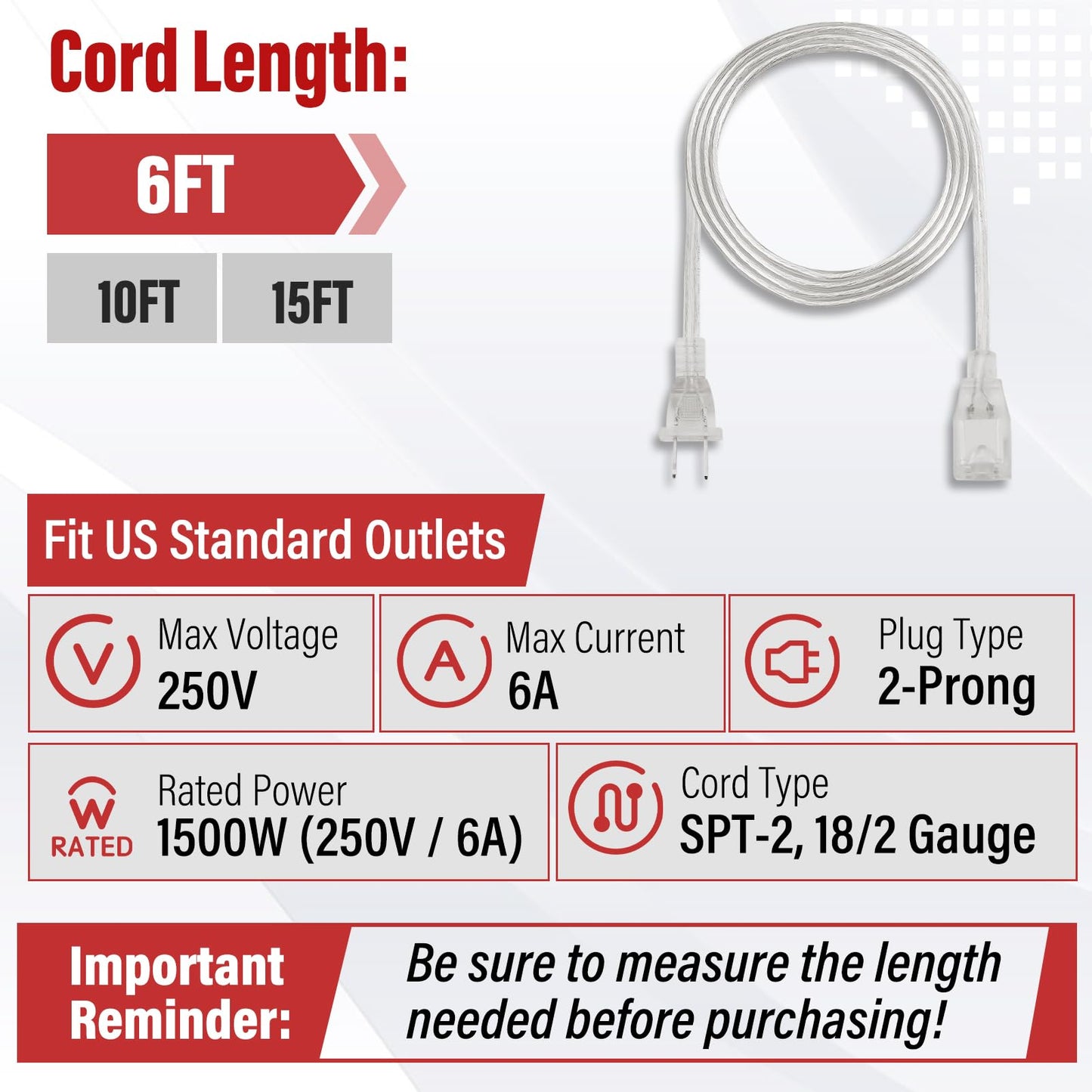 Clear Extension Cord - 6 FT Male to Female Invisible Indoor 2 Prong Power Cable, Thin for Christmas Tree Lighting, UL-Certified, 2 x 18 AWG 250V 6A