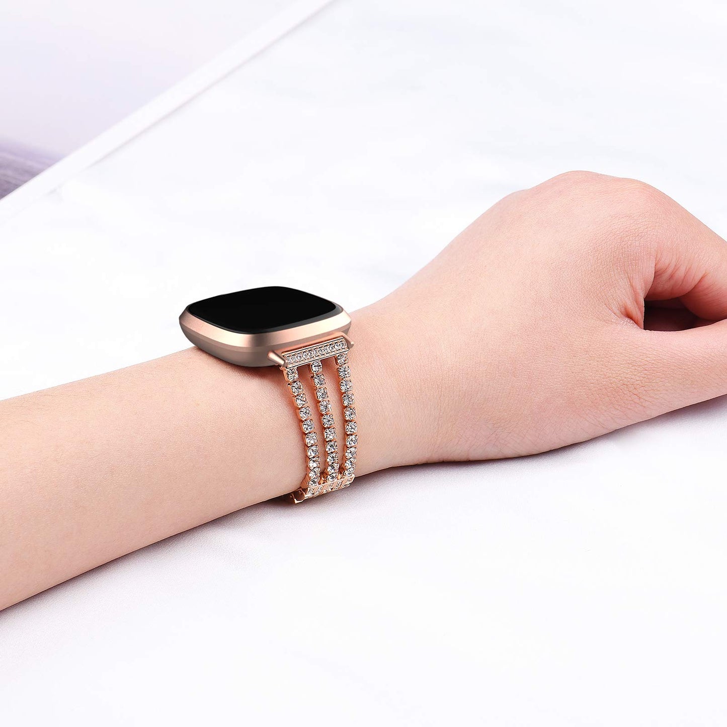 Wongeto Bling Bracelet Compatible with Fitbit Versa 3/Fitbit Sense Women Men Stainless Steel Jewelry Rhinestone Dressy Wristband Strap Bracelet (Rose Gold)