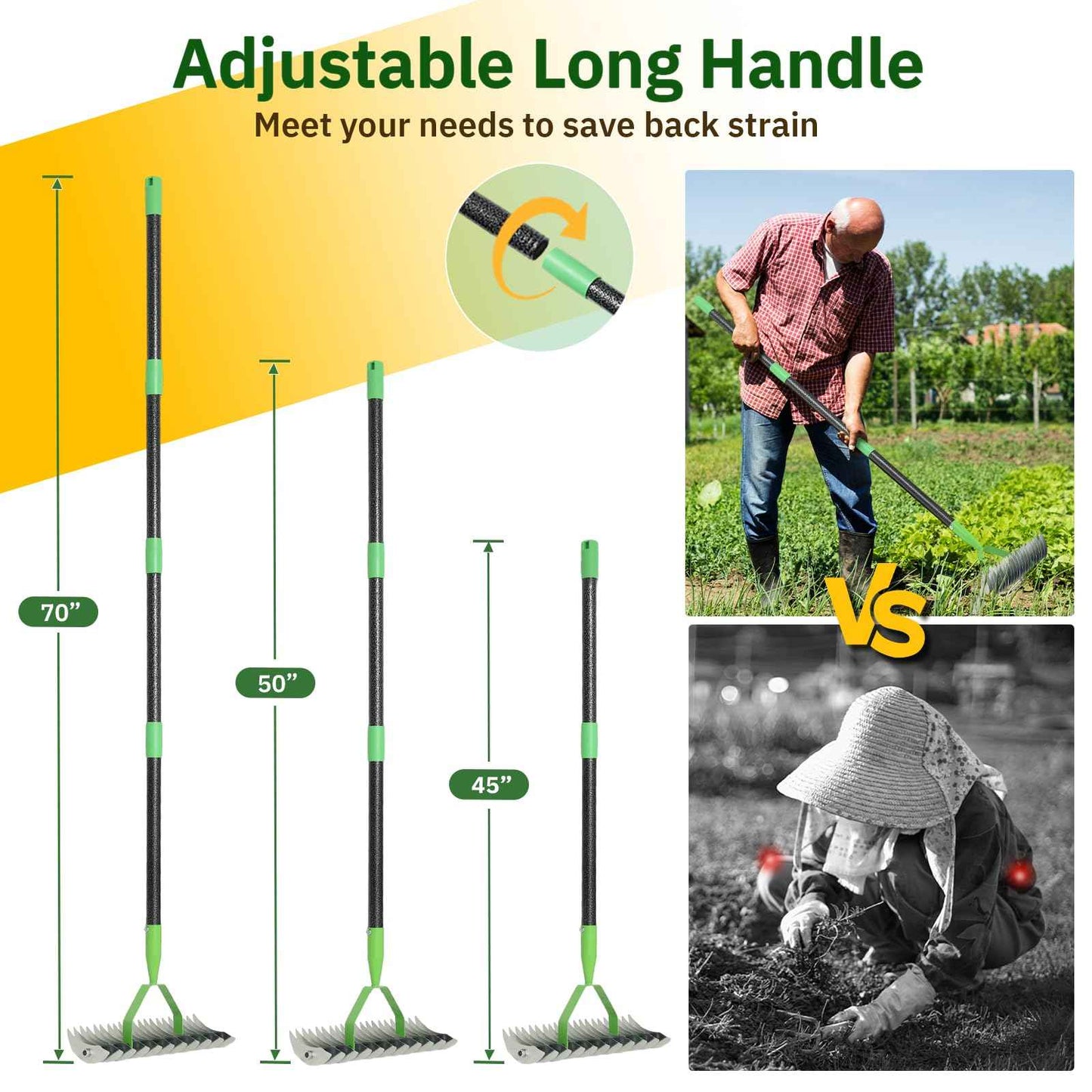 Thatch Rake, 13" Wide Efficient Dethatcher Rake with 55" Adjustable Long Handle, Heavy Duty Steel Metal Dethatching Rakes for Cleaning Dead Grass, Loosening Soil, Lawn Care in Yard Garden