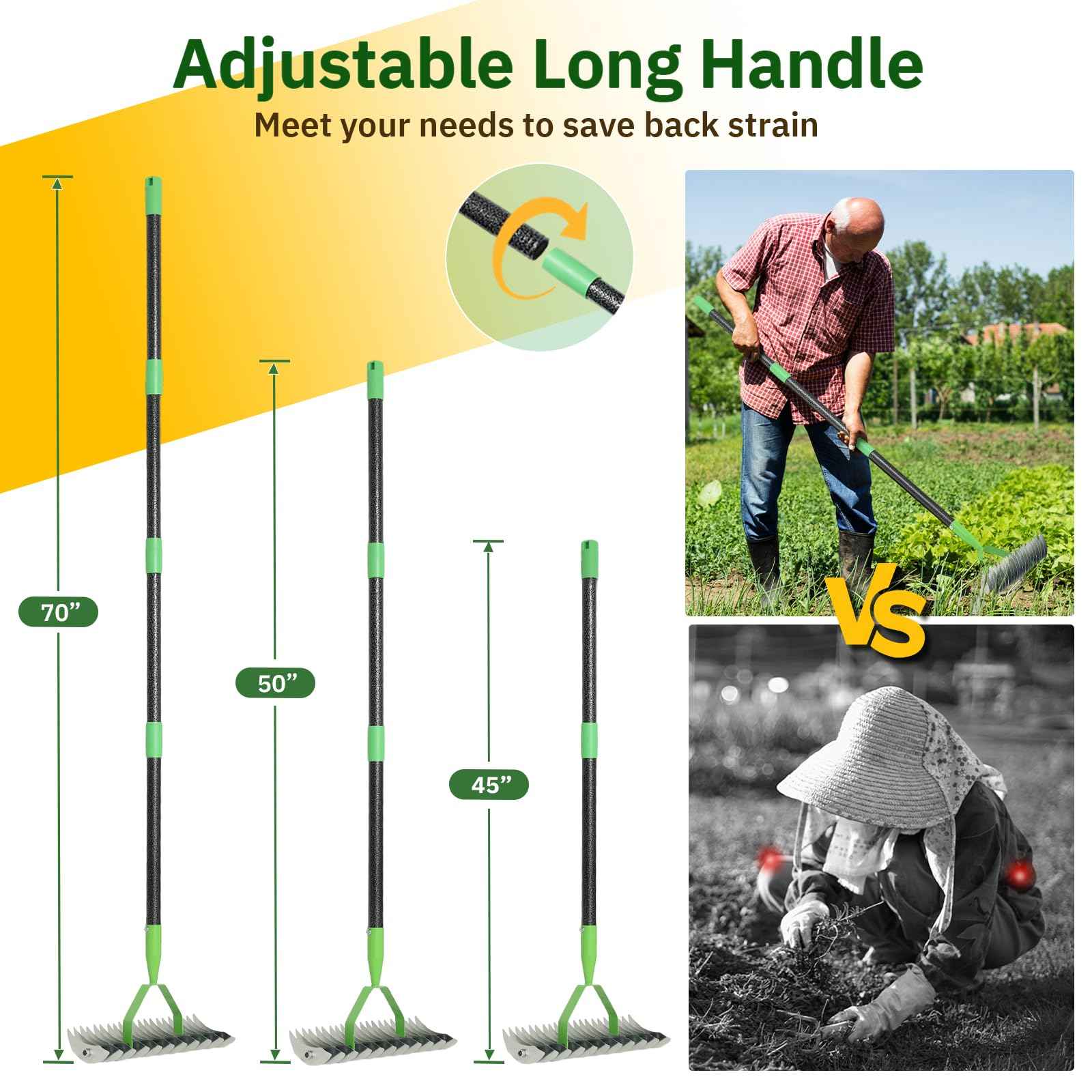 Thatch Rake, 13" Wide Efficient Dethatcher Rake with 55" Adjustable Long Handle, Heavy Duty Steel Metal Dethatching Rakes for Cleaning Dead Grass, Loosening Soil, Lawn Care in Yard Garden