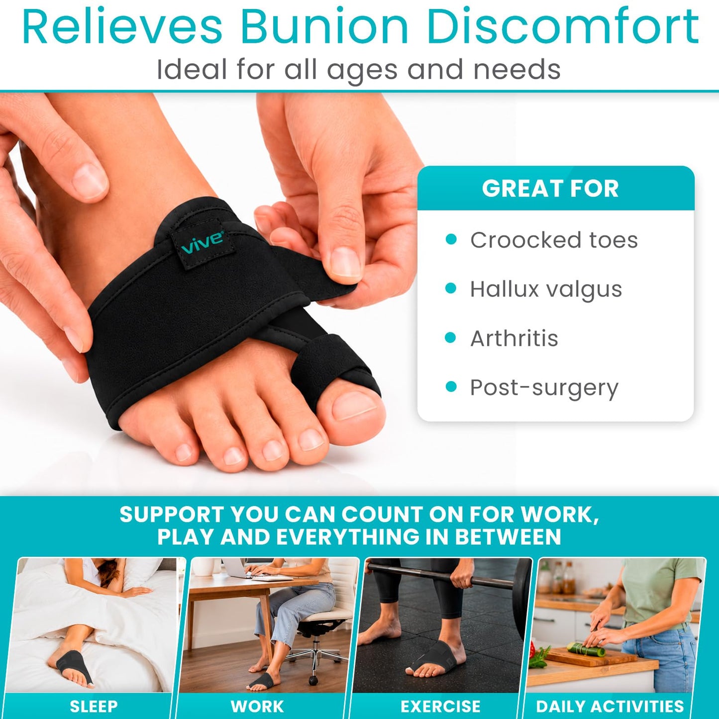 Vive Bunion Brace (Pair) - Big Toe Corrector Straightener with Splint - Hallux Valgus Pad, Joint Pain Relief, Alignment Treatment - Orthopedic Sleeve Foot Wrap Support for Men and Women (Black)