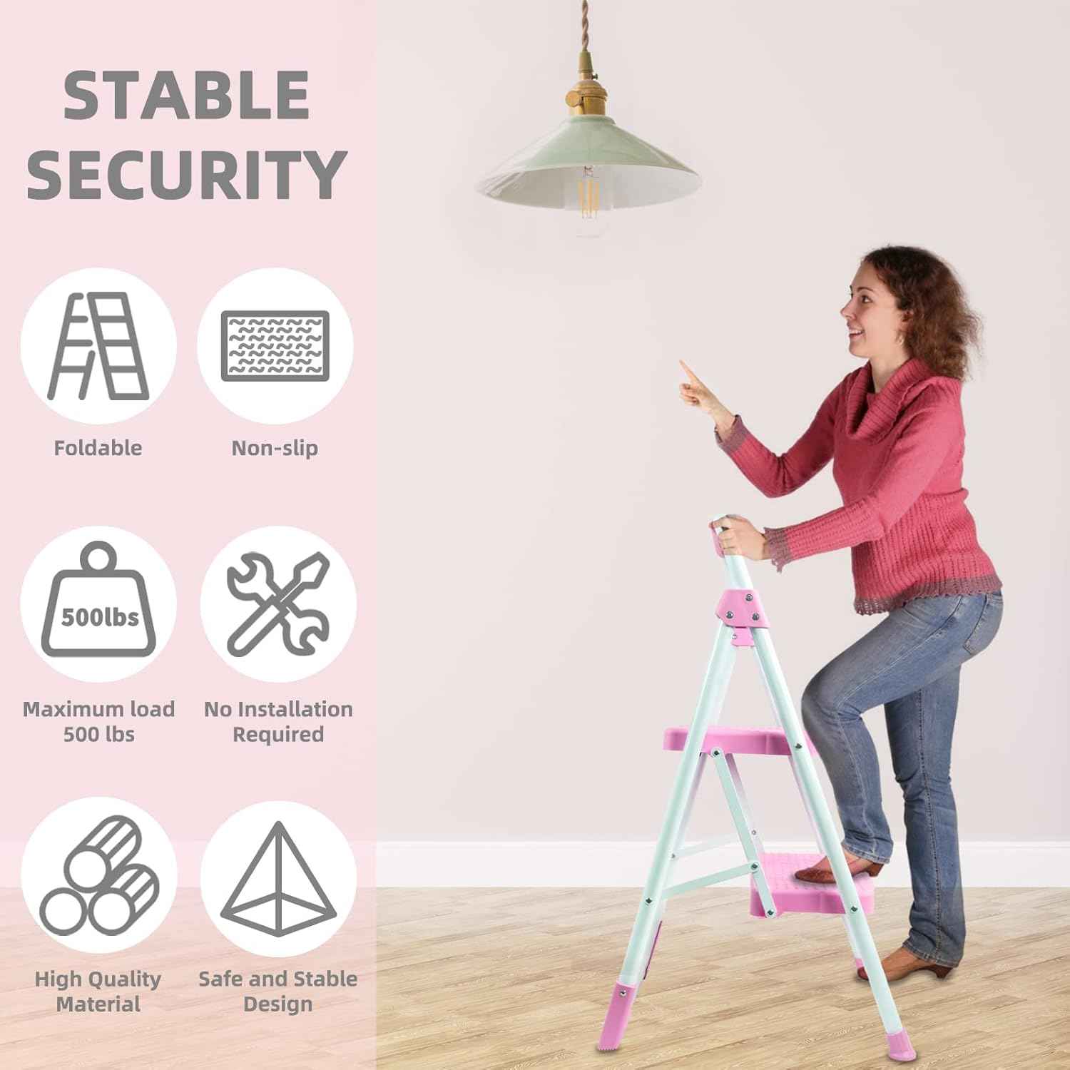 Portable 3-Step Folding Ladder - Sturdy Steel Step Stool with Anti-Slip Pedal & Handgrip, 500lbs Capacity for Home & Office