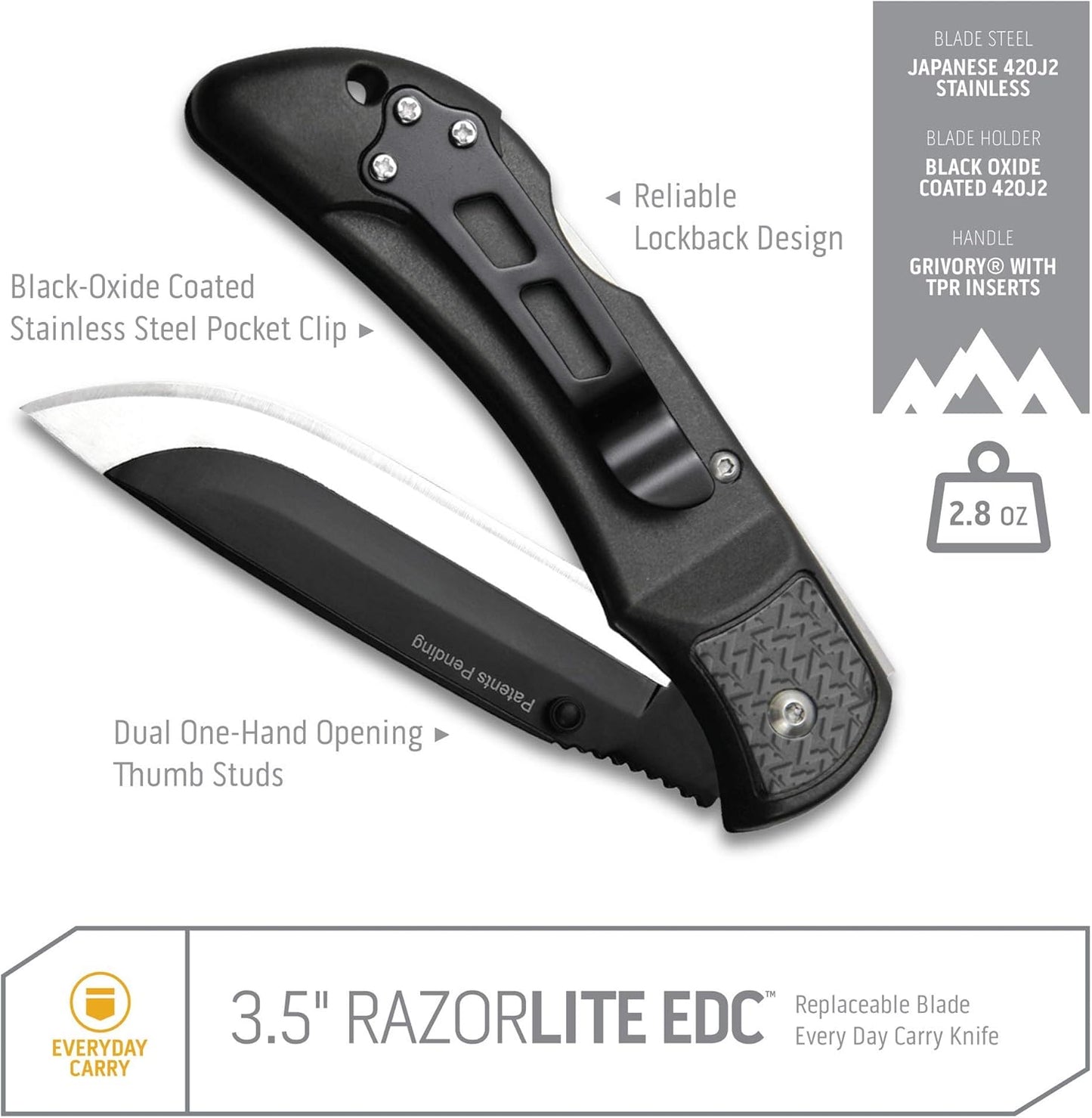 RazorLite EDC Pocket Knife 3.5” - Obsidian Black, Replaceable Blades & Clip for Camping, Hunting, Survival