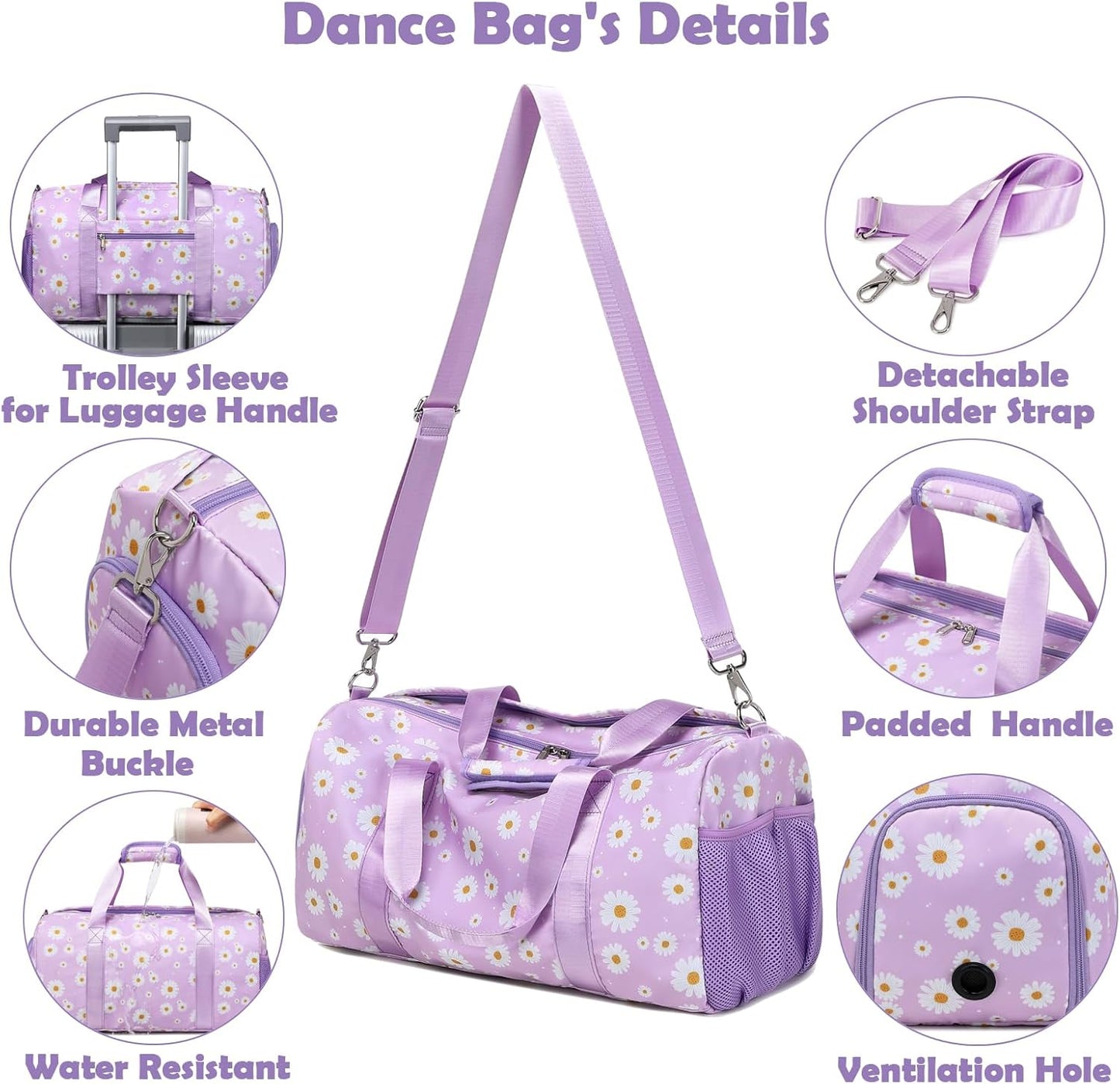 Skiennix Duffle Bag - Purple Daisy Dance & Gym Bag with Wet & Shoe Compartments | Perfect for Sleepovers & Travel