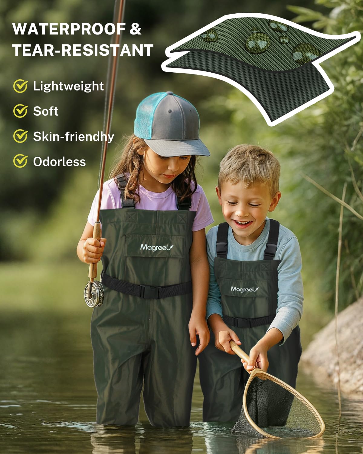 Magreel Child Chest Waders Waterproof Nylon Youth Waders with Boots Fishing & Hunting Waders for Toddler Children Boys Girls, 10/11 Big Kids