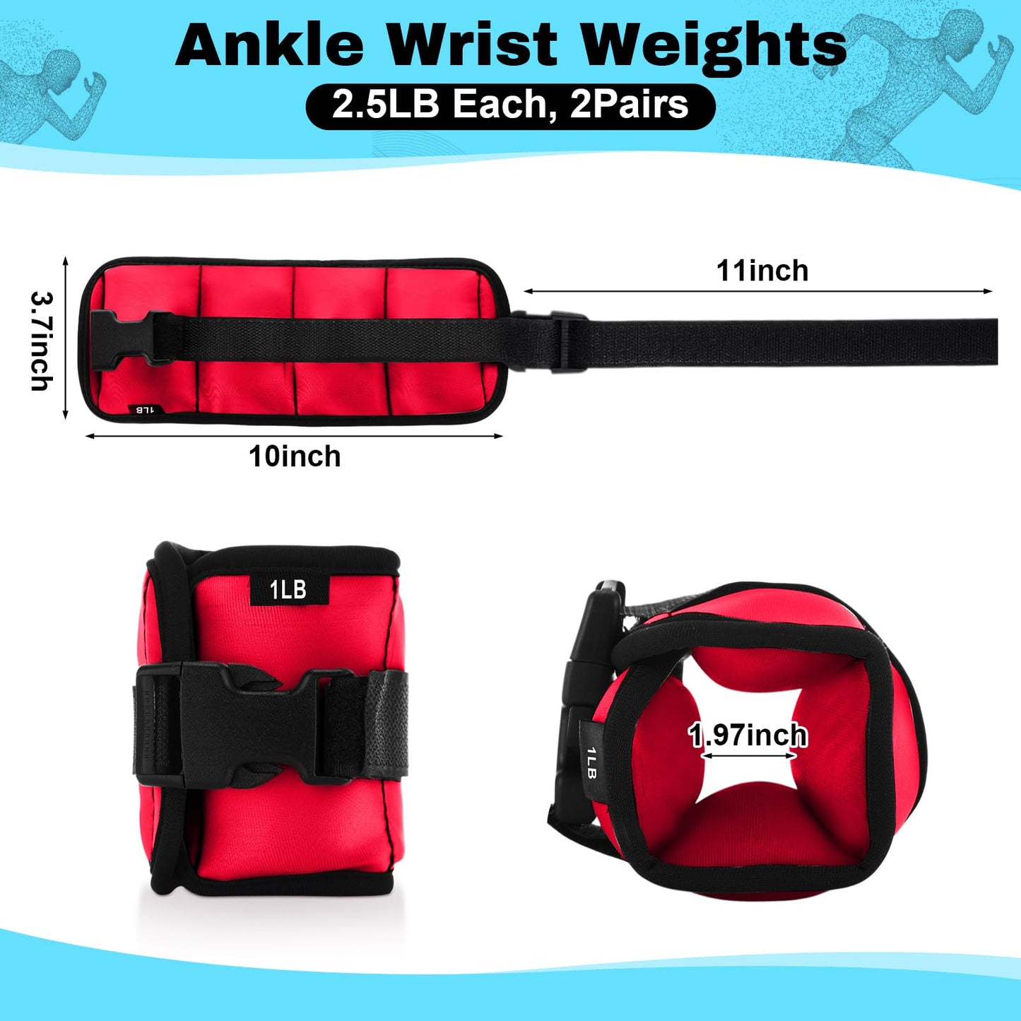Hollowfly 2 Pairs Ankle Wrist Weights for Land or Aquatic Exercise Aqua Cuffs Aqua Aerobics Fitness Bands for Ankle and Wrist Adjustable Weights for Swimming Pool Workout Equipment(Red,1lb)