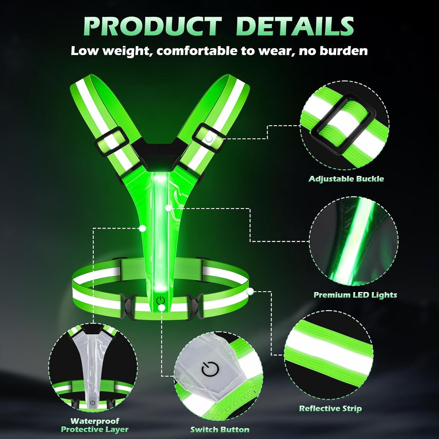 Skiennix LED Reflective Running Vest - Rechargeable Light Up Vest with 3 Modes & 5 Colors for Safety