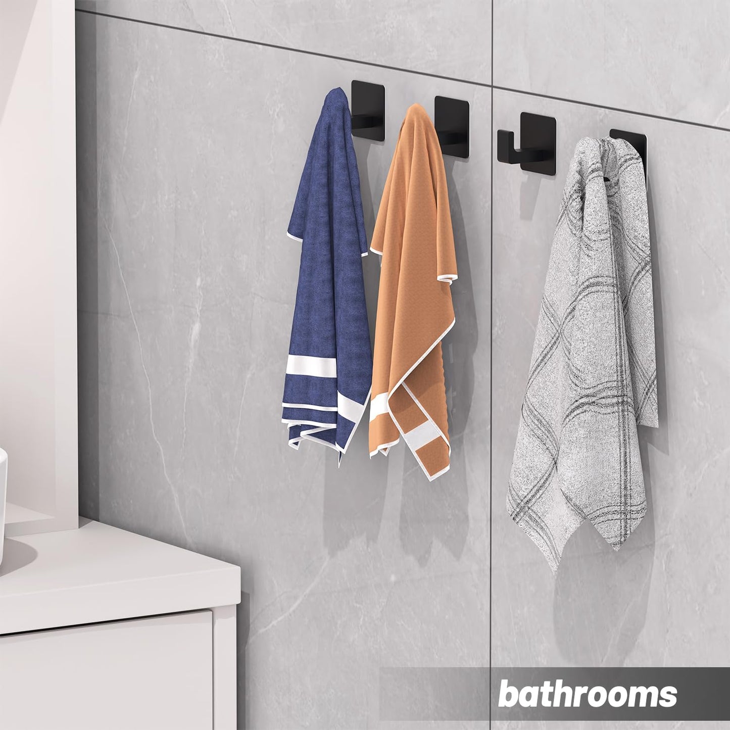 Fadroky Towel Hooks for Bathroom Adhesive, 4 Pack Matte Black Bathroom Hooks for Towels - Heavy Duty rustproof Towel Hook, sus304 Stainless Steel Adhesive Towel Hooks, Wall Mounted Shower Hooks