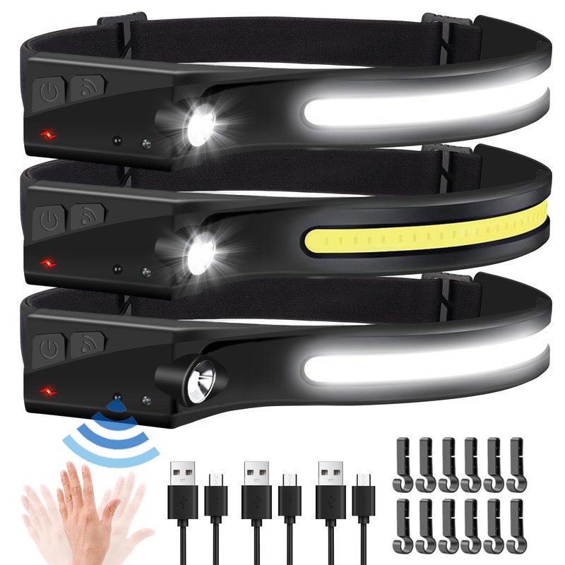EGUKU Headlamp Rechargeable, 3Pack Rechargeable LED Headlamps 1200Lumens 2 COB 230°Wide Beam Headlight with Bright 5 Modes Lightweight Waterproof Head Lamp for Outdoor Running, Camping Hiking