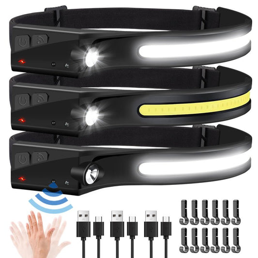 EGUKU Headlamp Rechargeable, 3Pack Rechargeable LED Headlamps 1200Lumens 2 COB 230°Wide Beam Headlight with Bright 5 Modes Lightweight Waterproof Head Lamp for Outdoor Running, Camping Hiking