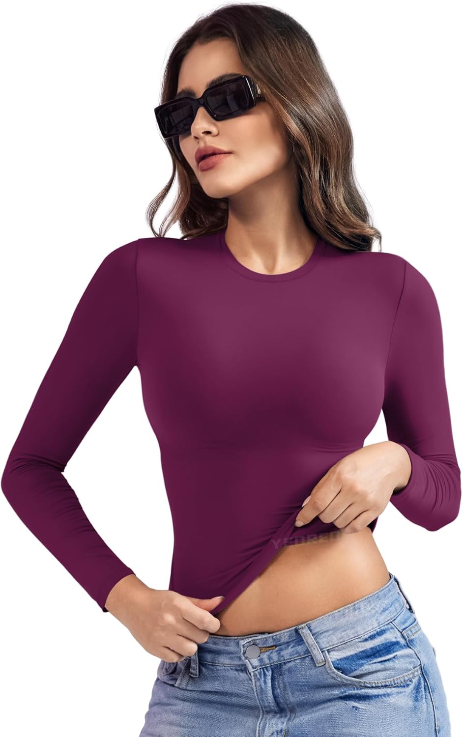YEOREO Long Sleeve Women's Shirt - Y2K Basic Tee with Double Lining | Perfect for Workouts & Outings