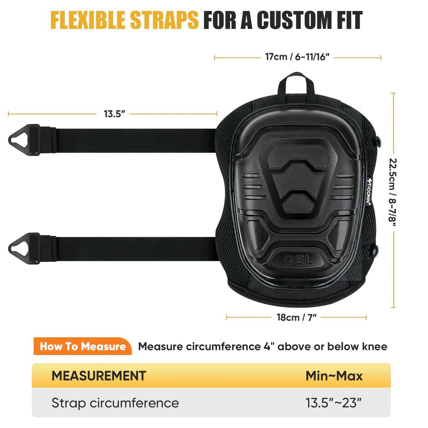 TICONN Gel Knee Pads for Work, Professional Heavy Duty Work Knee Pads for Men with Soft Foam and Gel Cushion for Men Construction, Garden, Flooring (Black)