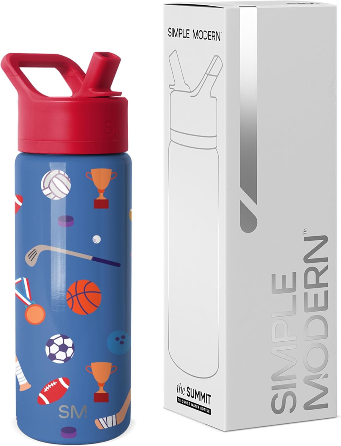 Simple Modern Kids Summit Water Bottle - Insulated 18oz Stainless Steel Tumbler with Straw Lid | Sports Balls Design