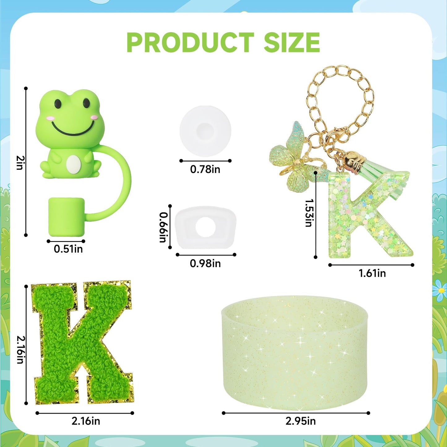 Liangang 8PCS Green Cup Accessories Set For Stanley 30oz 40oz,Including Boot,Spill Proof Stopper,2PCS Stanley Straw Cover and 2PCS Sticker Letter (Letter K)