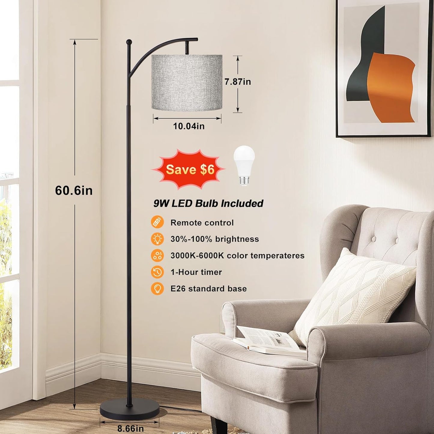 Modern 60" Floor Lamp with Remote Control & Dimmable LED Bulb - Beige Shade, Adjustable Brightness for Living Room