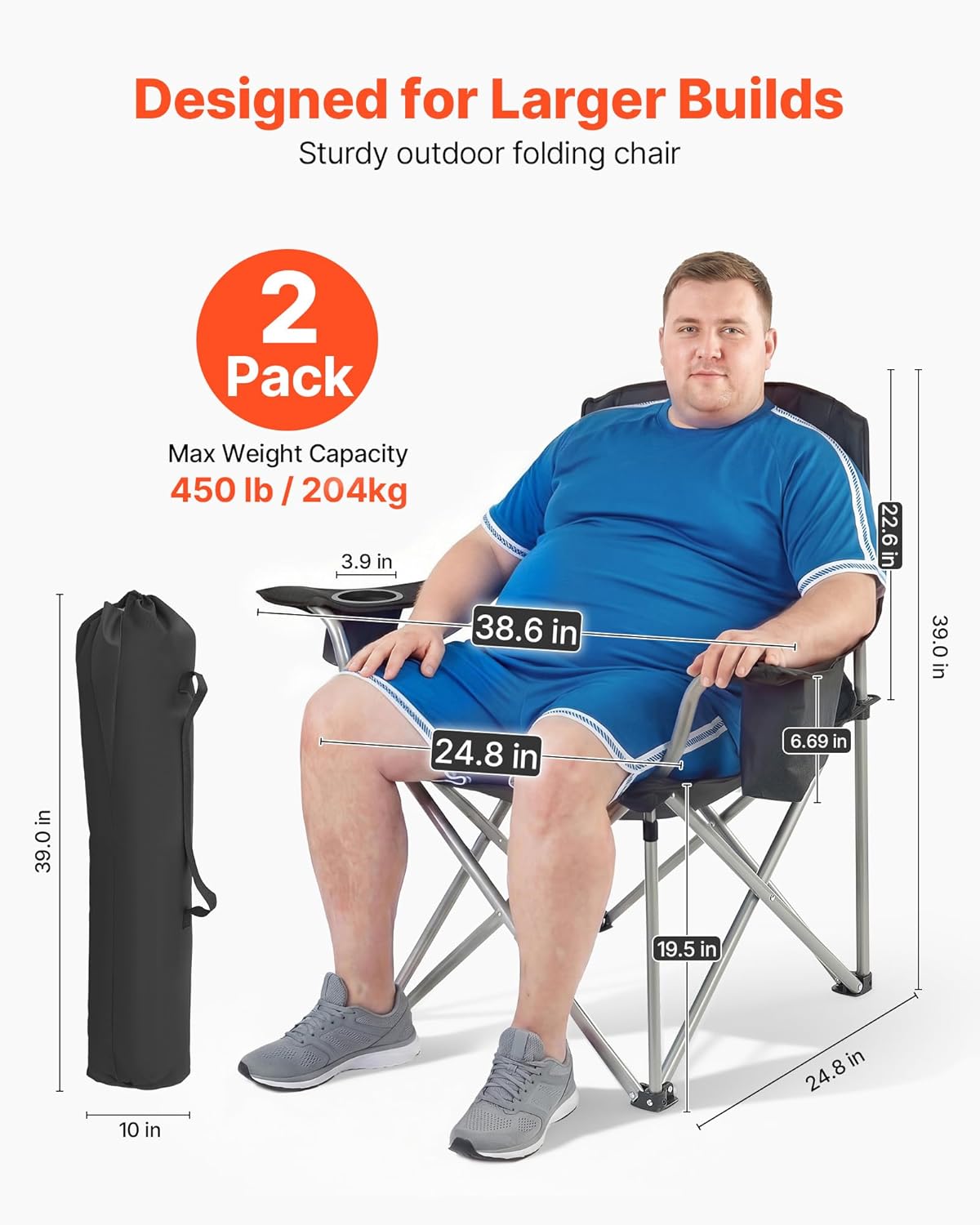 VEVOR Oversized Camping Chair - Portable Heavy-Duty Quad with Lumbar Support & Cooler Bag | 2-Pack
