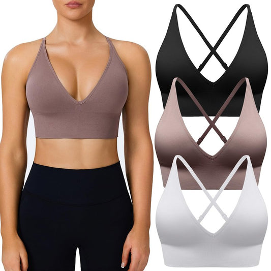 BLUELILY Sports Bras for Women 3/5 Pack Padded Adjustable Deep V Neck Bra Seamless Spaghetti Strap Criss Cross Light Impact Yoga Bras