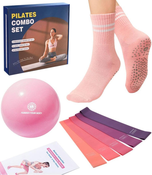 floconssy Pilates Gift Set Ball Resistance Bands Pilate Socks, Loop Exercise Bands 5 Levels, Small Pilates Ball 9 Inch, Non Slip Socks Grips Yoga Kit for Home Workouts Pink