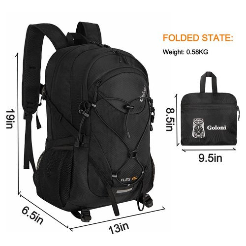 Goloni 45L Hiking Backpack Lightweight Foldable, Waterproof Camping Backpack with Rain Cover & Hiking Pole Mat Carrying System, Ergonomic Water Resistant Daypack for Trekking Travel Men Women,Black