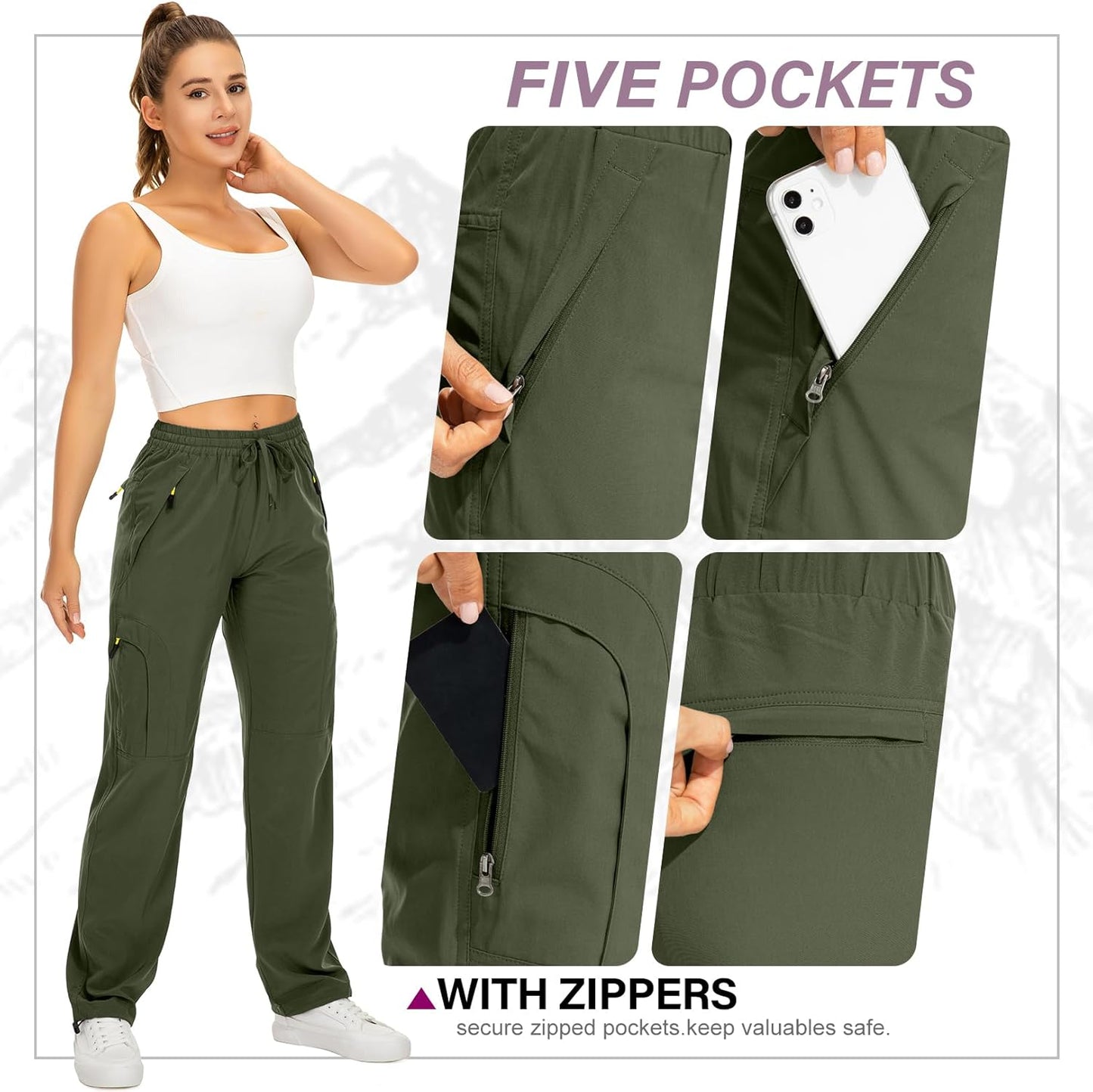 Skiennix Women's Hiking Pants - Quick Dry, Lightweight, UPF 50, Cargo Style with Zipper Pockets