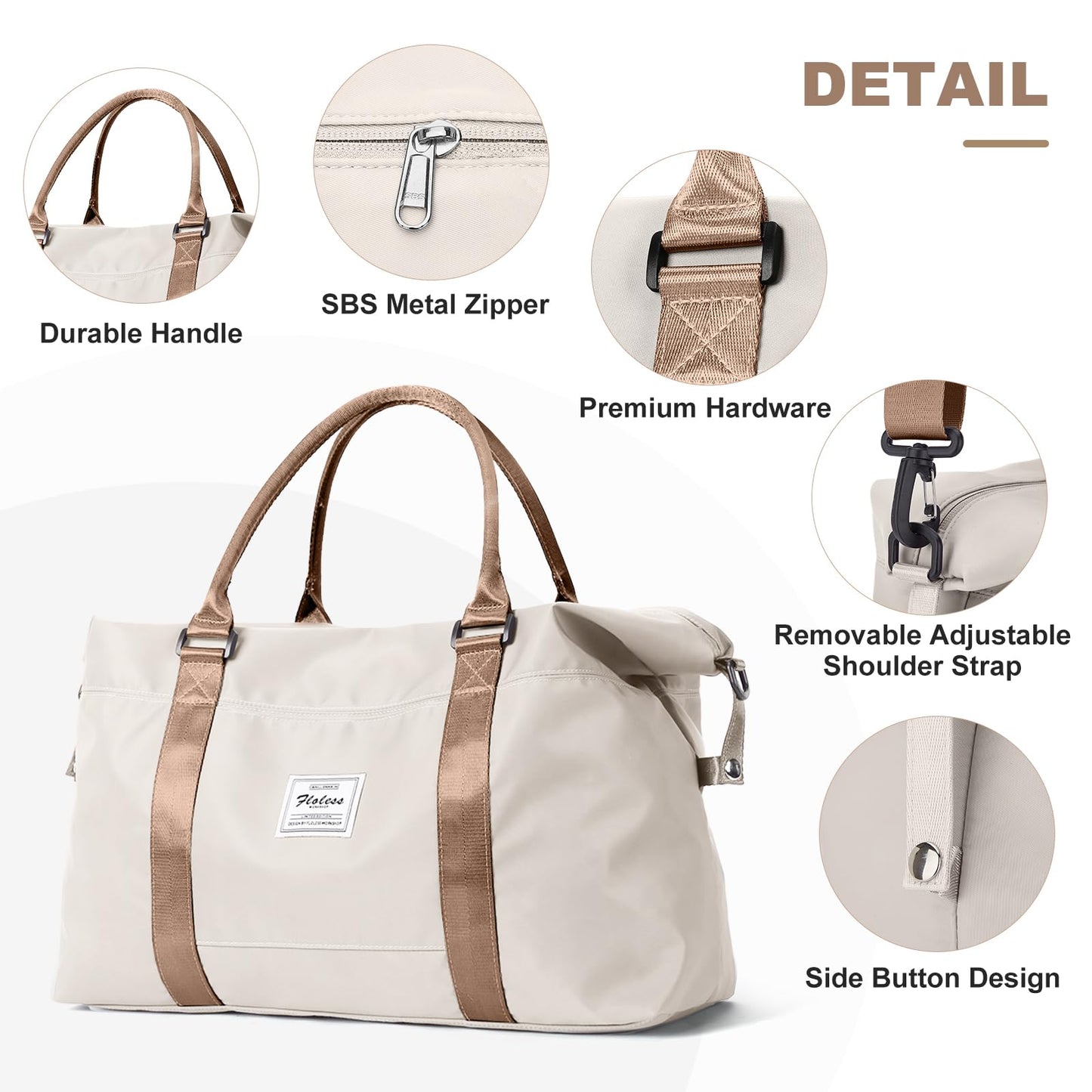 Travel Duffel Bag,Weekender Overnight Bag for Women,Carry-on with Wet Pocket,Extra Large,Beige & Brown