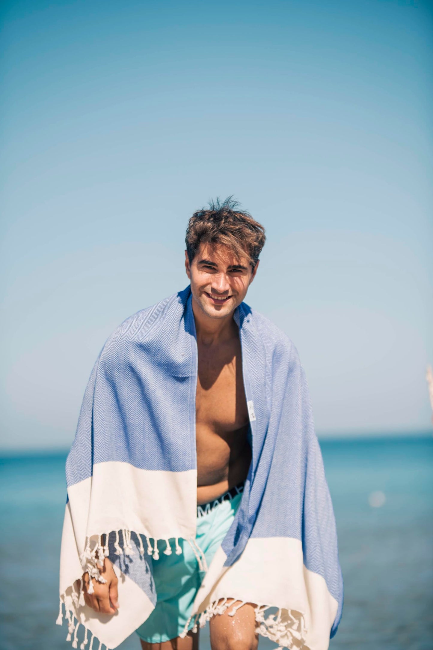 Bazaar Anatolia Beach Towel, 100% Cotton, 71x39 in, Herringbone Dark Blue