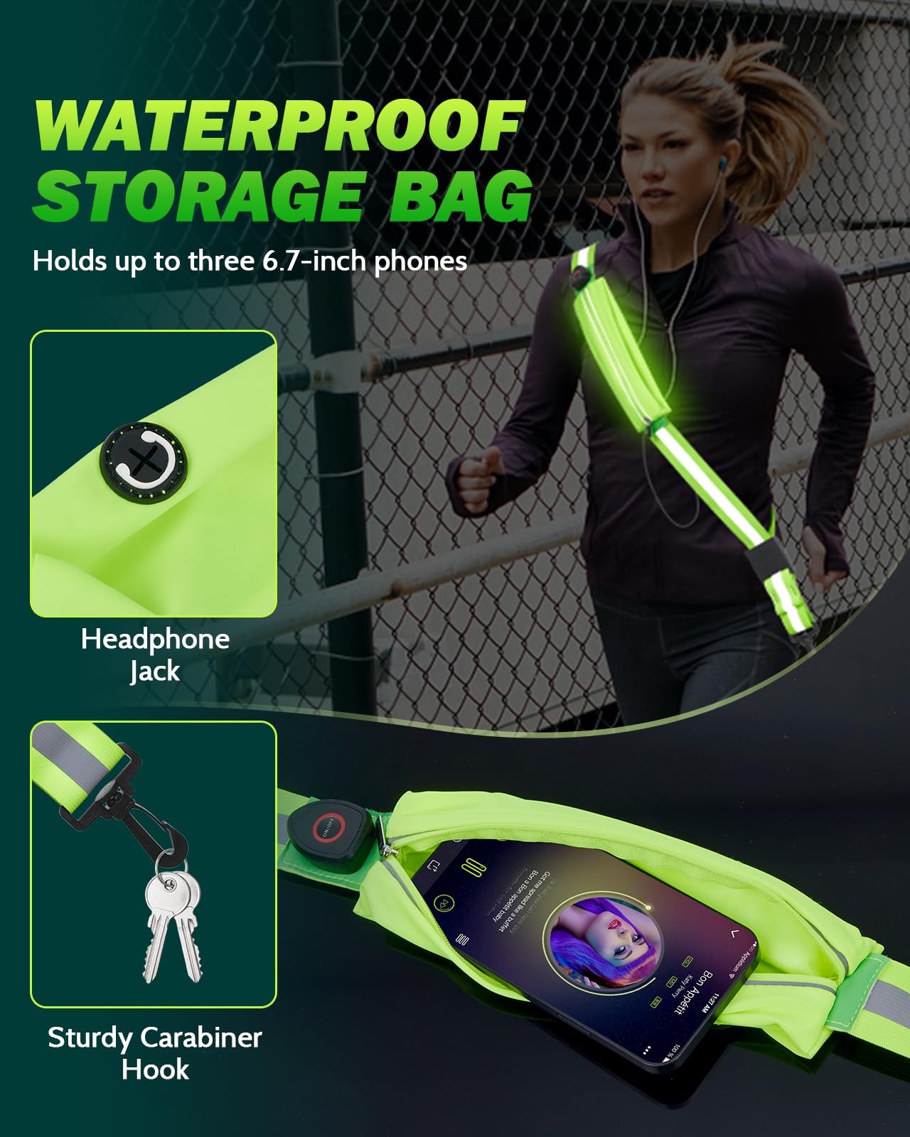 Fitense LED Reflective Belt Sash with Phone Holder, High Visibility Reflective Running Gear Rechargeable Light Up Safety Lights for Walkers for Runners Men Women