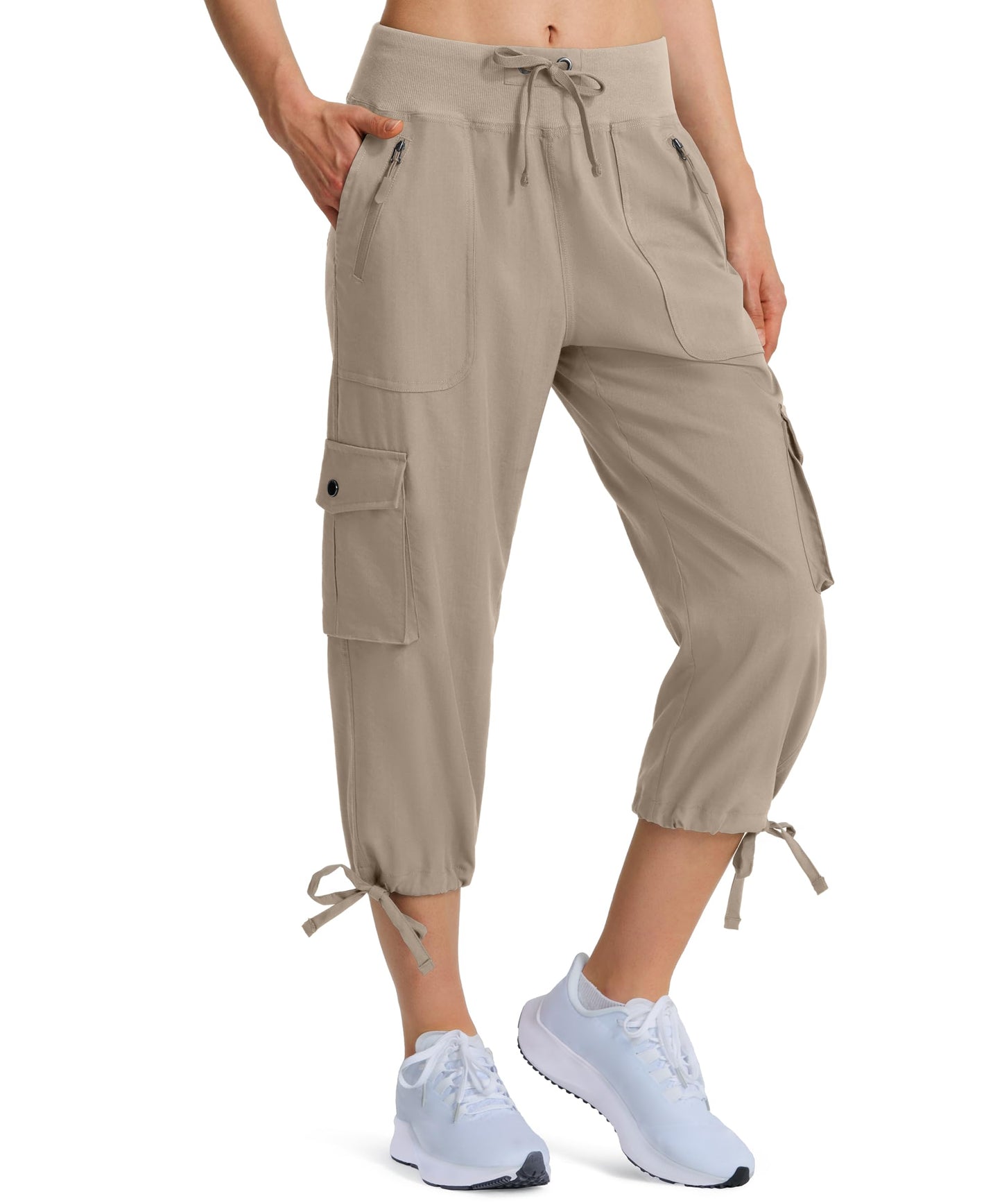 Ksmien Women's Hiking Capris Quick Dry Lightweight Ladies Summer Cargo Pants 8 Pockets for Travel Camping Khaki