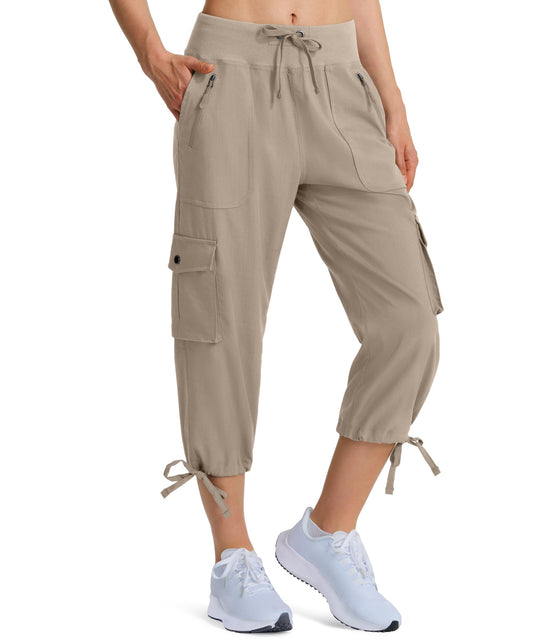 Ksmien Women's Hiking Capris Quick Dry Lightweight Ladies Summer Cargo Pants 8 Pockets for Travel Camping Khaki